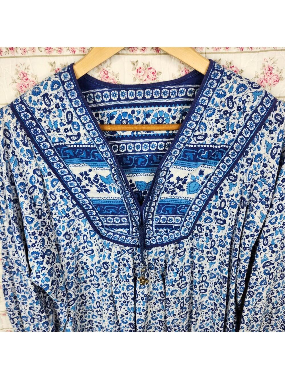 Boho Dress Blue White Floral Paisley Print 3/4 Sleeve Midi Dress - Picture 2 of 7